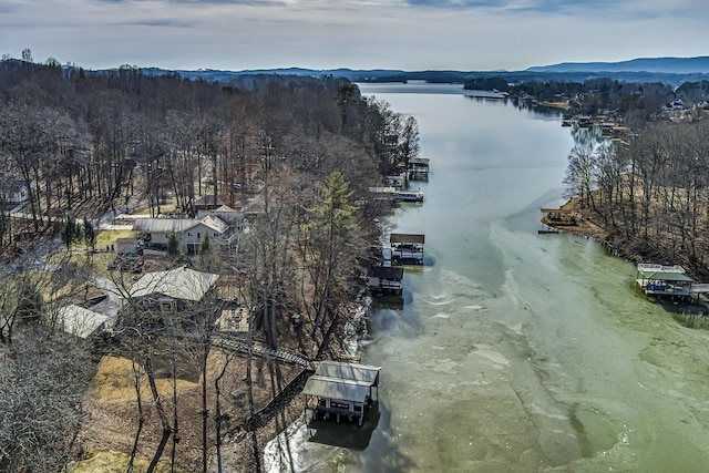 bird's eye view featuring a water and mountain view