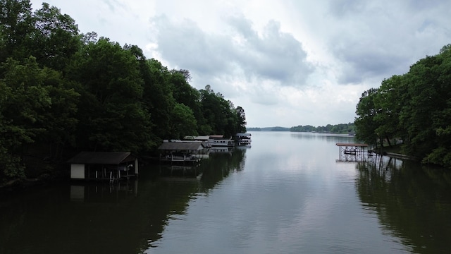 property view of water featuring a boat dock and a forest view