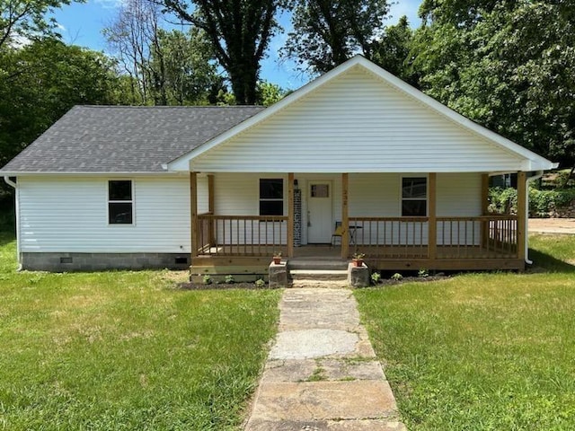 232 School St, Soddy Daisy, TN 37379 - view of front of property featuring covered porch, roof with shingles, crawl space, and a front lawn