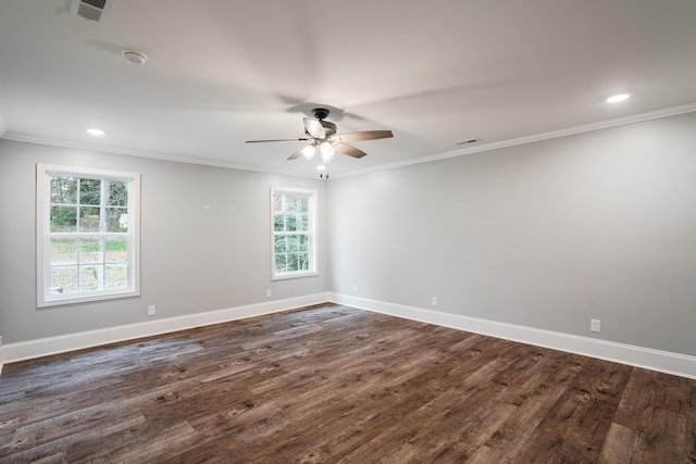 unfurnished room with ceiling fan, dark hardwood / wood-style flooring, and ornamental molding