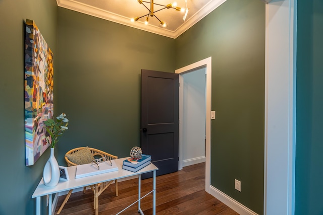 home office with crown molding, dark wood-type flooring, and a chandelier