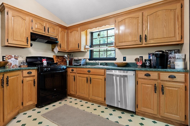 kitchen featuring stainless steel dishwasher, sink, lofted ceiling, and black range with gas cooktop