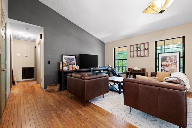 living room with light hardwood / wood-style floors, a textured ceiling, a wealth of natural light, and vaulted ceiling