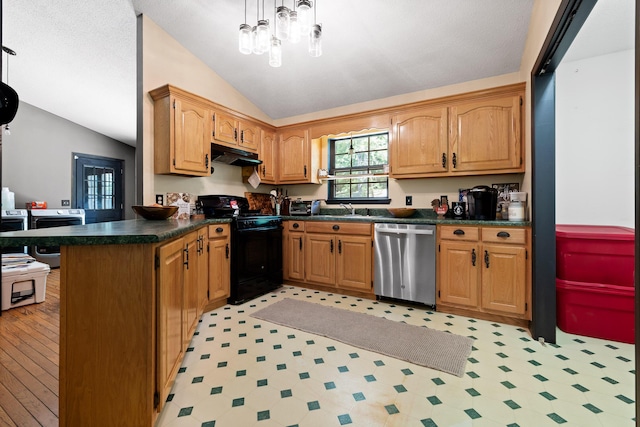 kitchen with kitchen peninsula, stainless steel dishwasher, black range with electric cooktop, vaulted ceiling, and sink