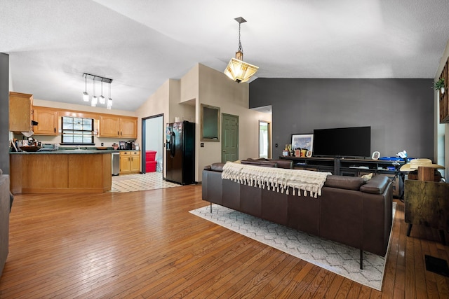 living room with light hardwood / wood-style flooring and vaulted ceiling