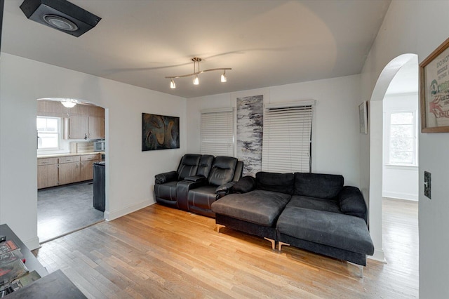 living room featuring ceiling fan and light wood-type flooring