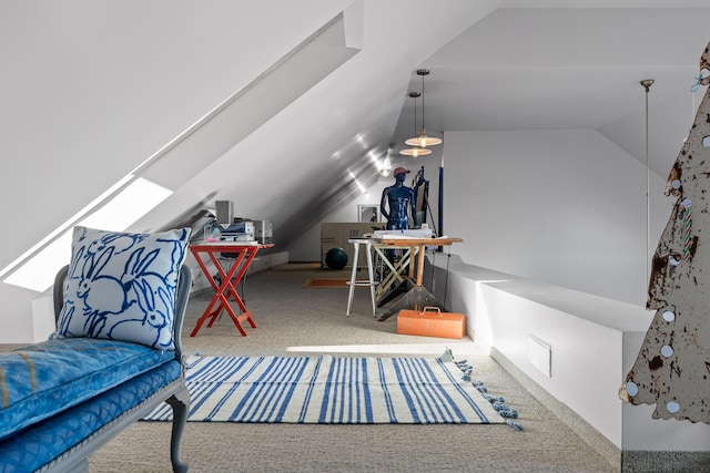 interior space featuring vaulted ceiling and carpet