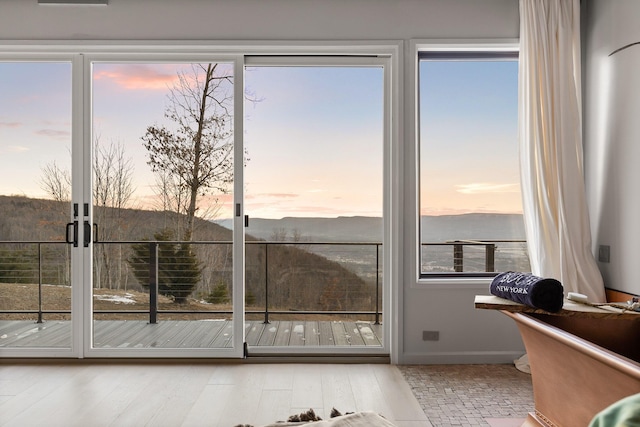 doorway to outside featuring plenty of natural light, a water view, and light wood-type flooring