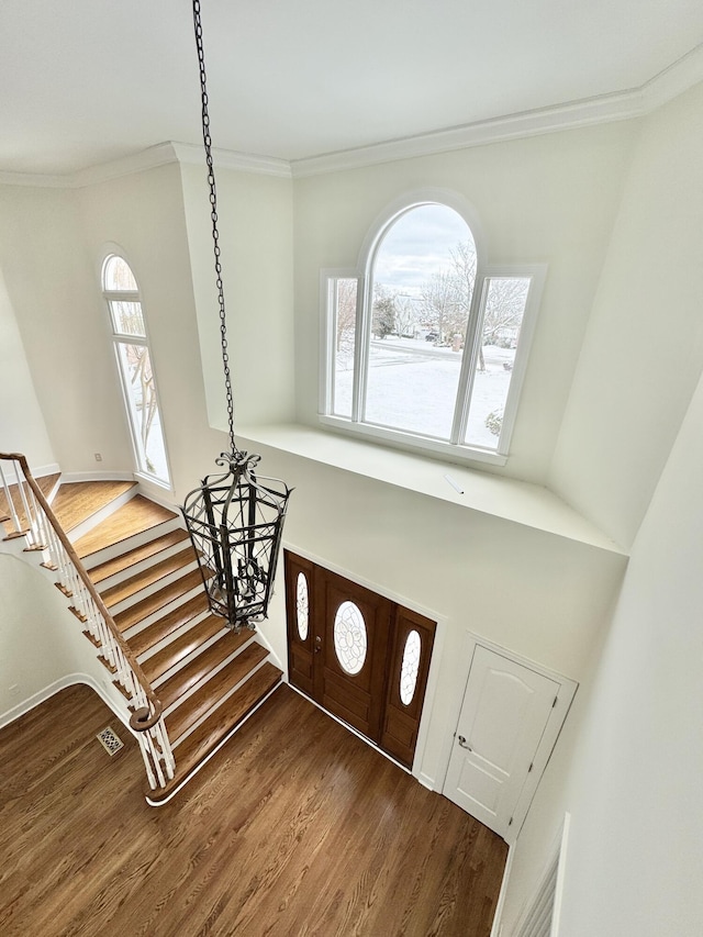 foyer entrance with hardwood / wood-style floors, plenty of natural light, and crown molding