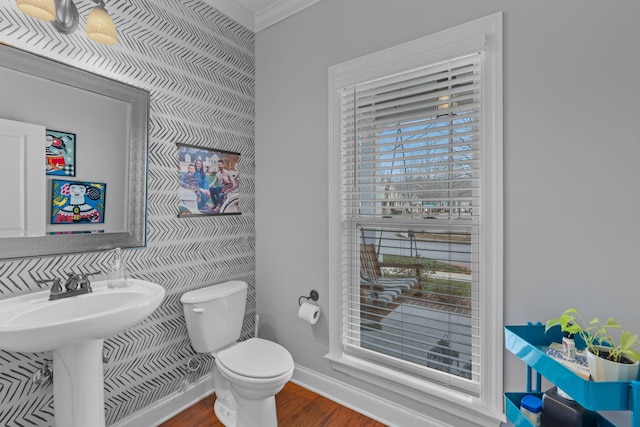 bathroom with sink, hardwood / wood-style floors, toilet, and ornamental molding