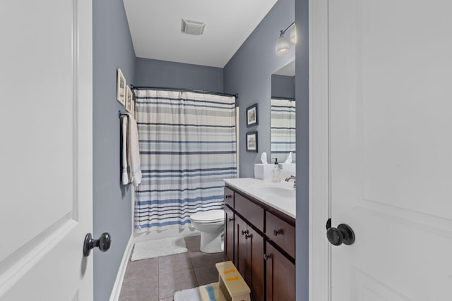 full bathroom with toilet, tile patterned flooring, shower / bath combination with curtain, and vanity