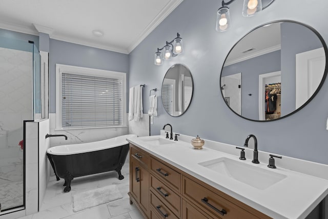 bathroom with vanity, crown molding, and separate shower and tub