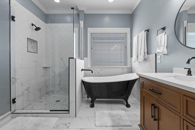 bathroom with plus walk in shower, crown molding, and vanity