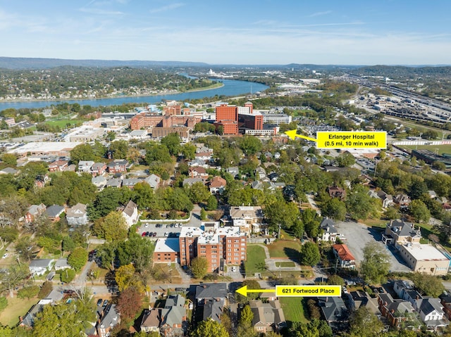 aerial view featuring a water view