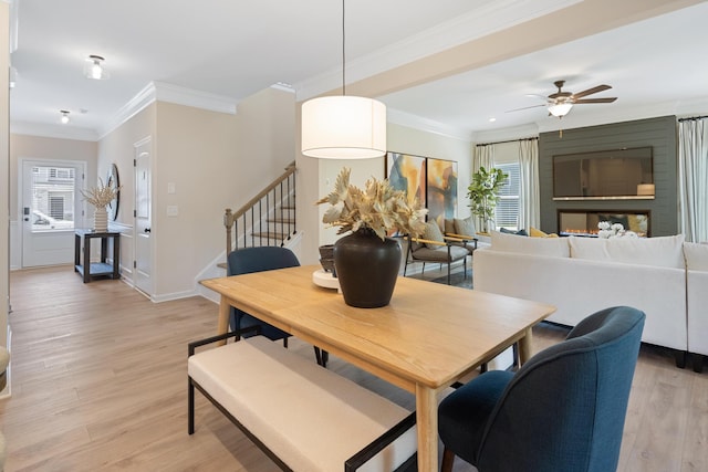 dining space with ceiling fan, a large fireplace, crown molding, and light hardwood / wood-style flooring