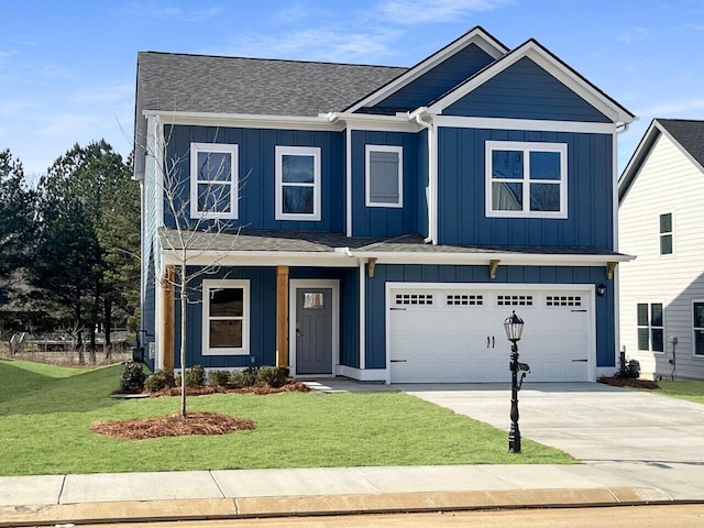 view of front of home with a garage, board and batten siding, concrete driveway, and a front yard