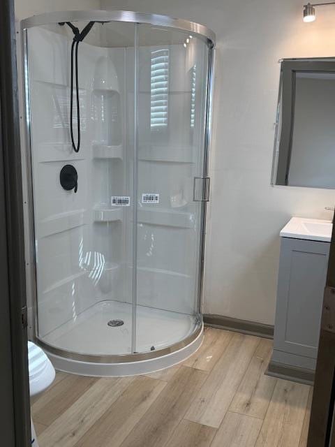 bathroom with wood-type flooring, an enclosed shower, and vanity