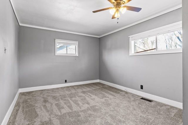 spare room featuring carpet, ceiling fan, and ornamental molding