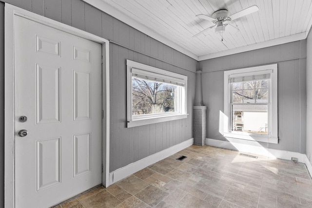 interior space featuring ceiling fan, wooden walls, and wood ceiling