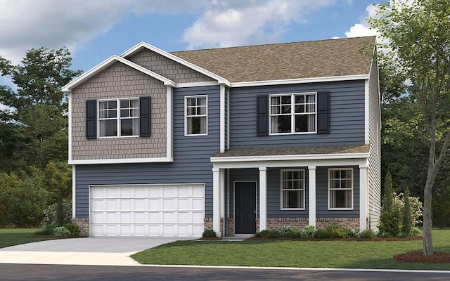 craftsman inspired home with a garage and a front lawn