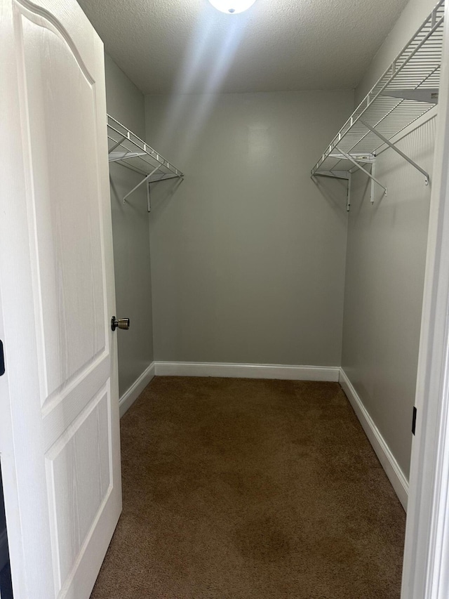 walk in closet featuring dark carpet