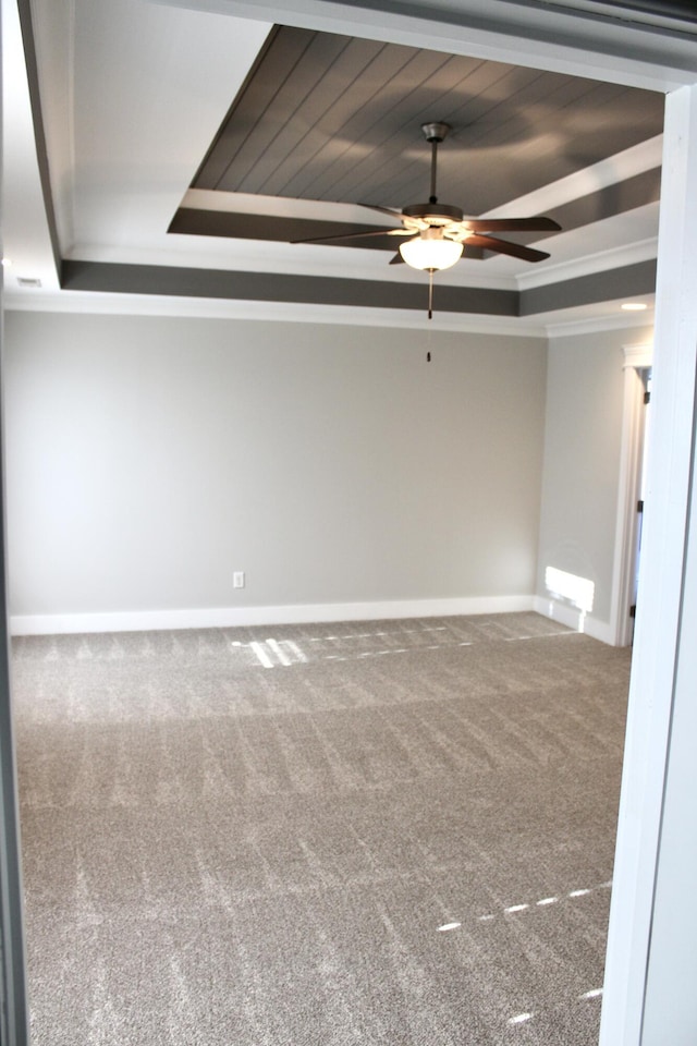 spare room featuring ceiling fan, a tray ceiling, and carpet