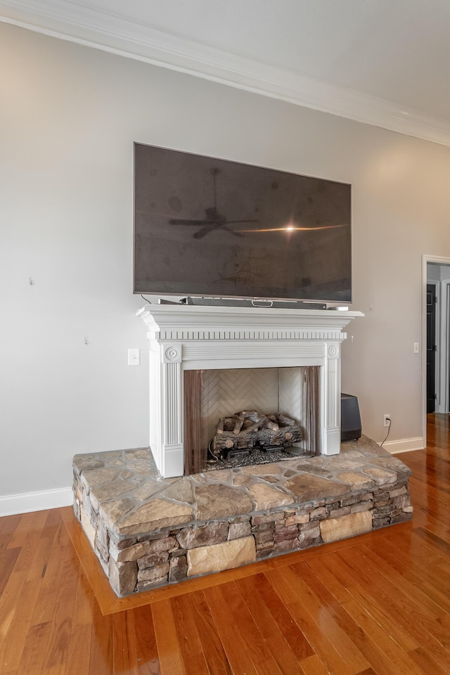 details featuring hardwood / wood-style floors, a stone fireplace, and ornamental molding