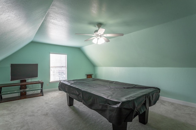 game room with light carpet, ceiling fan, lofted ceiling, and pool table