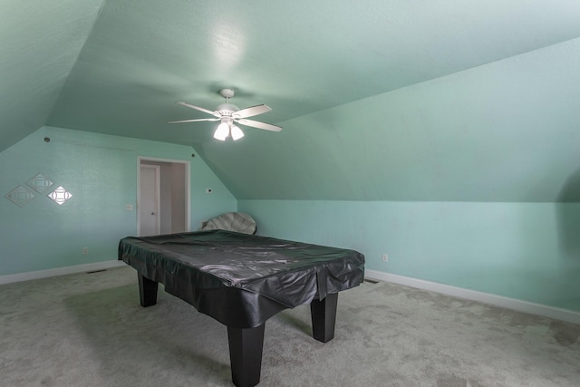 playroom with ceiling fan, light colored carpet, lofted ceiling, and billiards