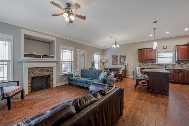 living room featuring dark wood-style floors, ornamental molding, and a stone fireplace