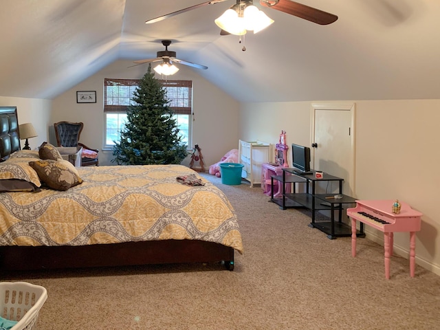 carpeted bedroom with ceiling fan and lofted ceiling