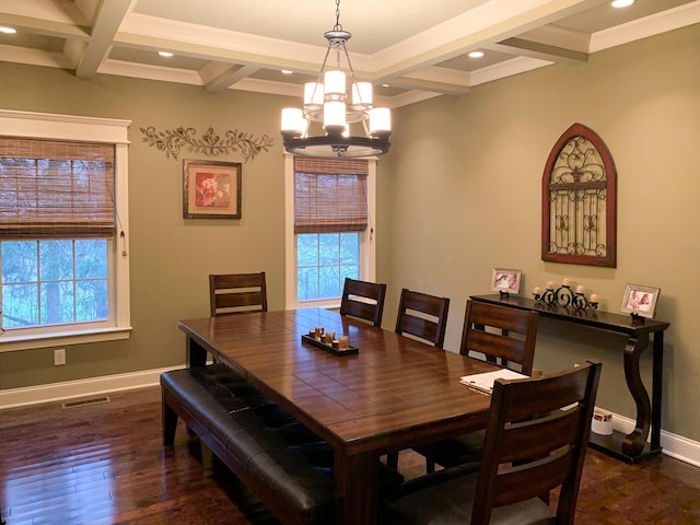 dining room featuring coffered ceiling, crown molding, dark wood-type flooring, beam ceiling, and a chandelier