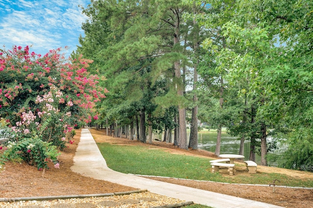 view of property's community featuring a water view and a lawn