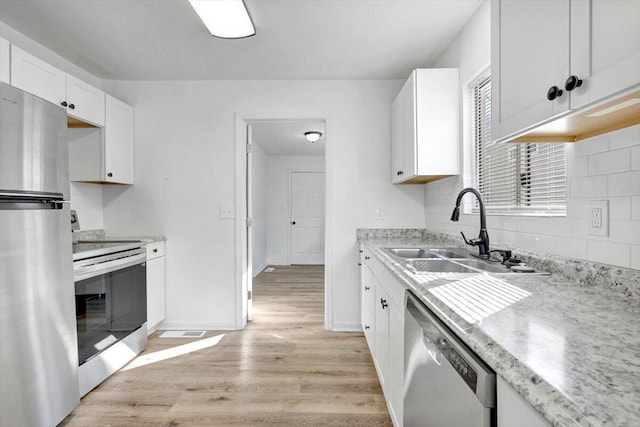 kitchen featuring sink, backsplash, light hardwood / wood-style floors, white cabinets, and appliances with stainless steel finishes