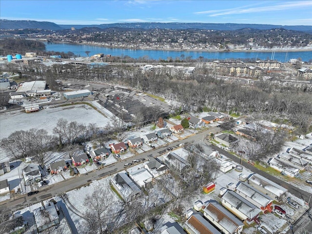 bird's eye view with a water and mountain view