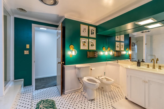 bathroom featuring a shower, crown molding, vanity, toilet, and a bidet