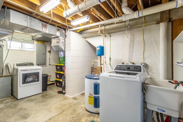 clothes washing area with water heater, washer and dryer, sink, and electric panel