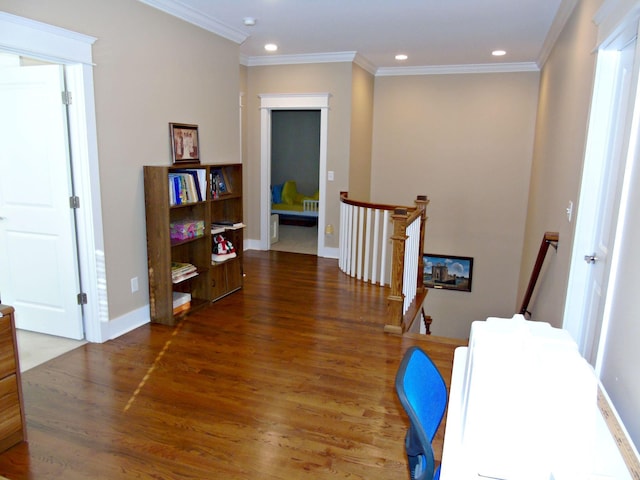 hall with crown molding and dark hardwood / wood-style floors