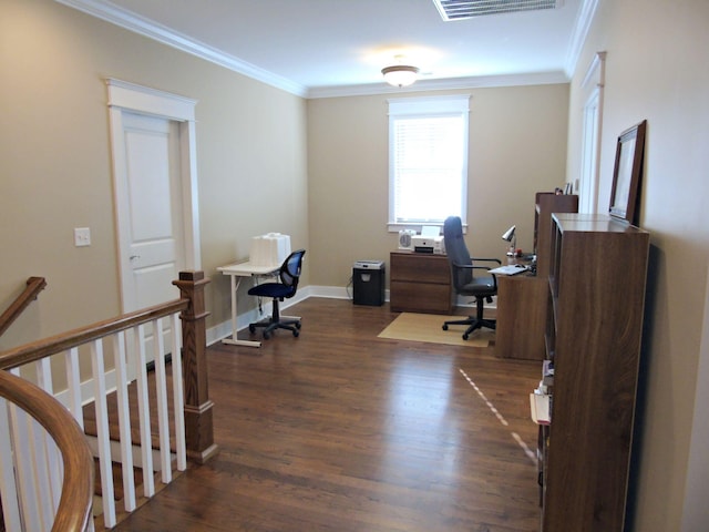 office space featuring crown molding and dark hardwood / wood-style floors