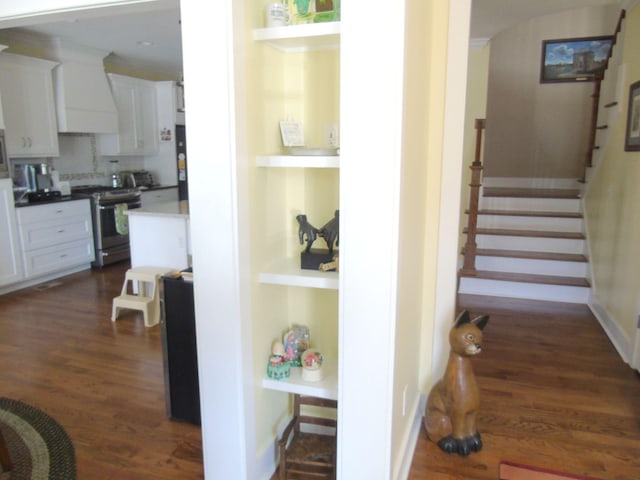 807 Blissfield Ct, Chattanooga, TN 37419 - stairway featuring wood finished floors, built in shelves, and arched walkways