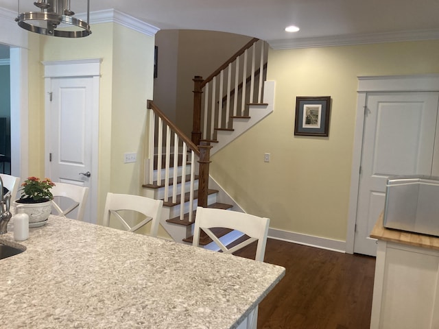 807 Blissfield Ct, Chattanooga, TN 37419 - dining room featuring ornamental molding, dark wood finished floors, stairway, a chandelier, and recessed lighting