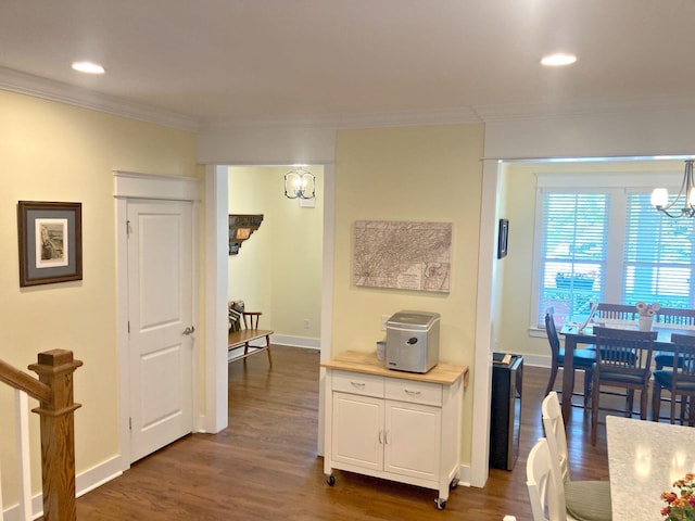 807 Blissfield Ct, Chattanooga, TN 37419 - hallway with a chandelier, crown molding, dark wood-type flooring, and recessed lighting
