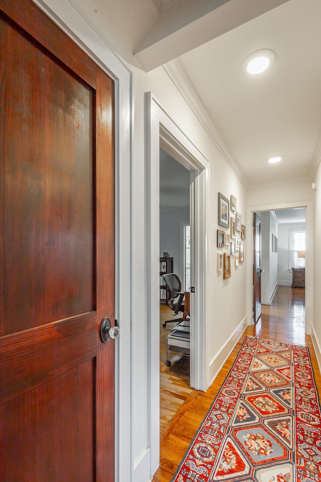 hallway featuring light wood-type flooring and crown molding