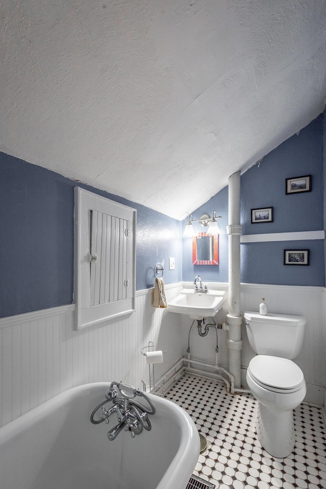 bathroom with vaulted ceiling, toilet, a textured ceiling, and sink