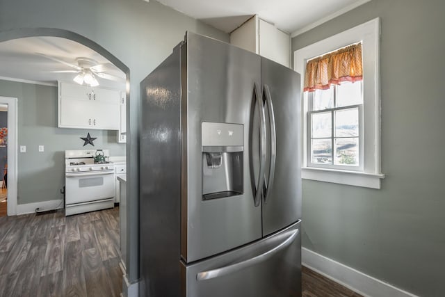 kitchen featuring ceiling fan, white cabinetry, dark wood-type flooring, white gas range, and stainless steel fridge