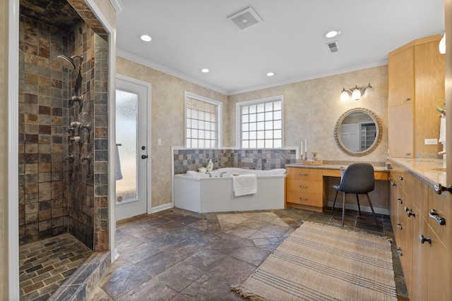 bathroom with crown molding, vanity, and separate shower and tub