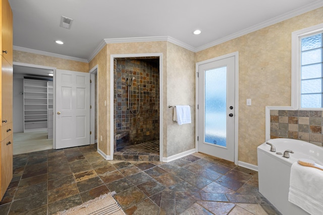 bathroom with crown molding and independent shower and bath