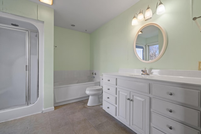 full bathroom with vanity, toilet, separate shower and tub, and tile patterned flooring