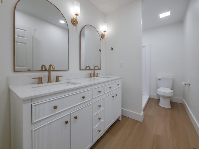 bathroom with toilet, wood-type flooring, and vanity