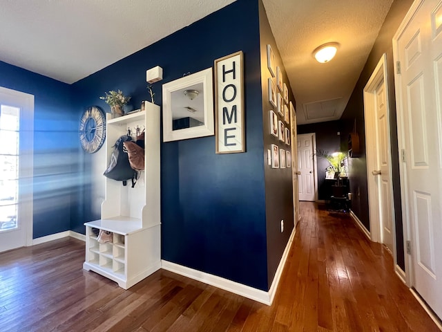 mudroom featuring a healthy amount of sunlight, dark hardwood / wood-style flooring, and a textured ceiling